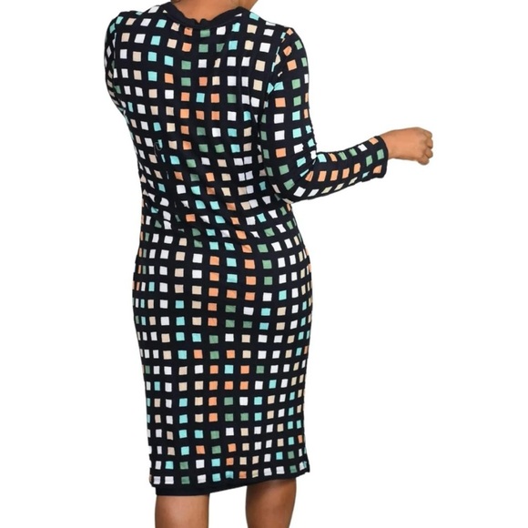 Boss Hugo Boss Esetta Ruched Dress Small Geometric Square Print Midi Long Sleeve - Picture 2 of 12